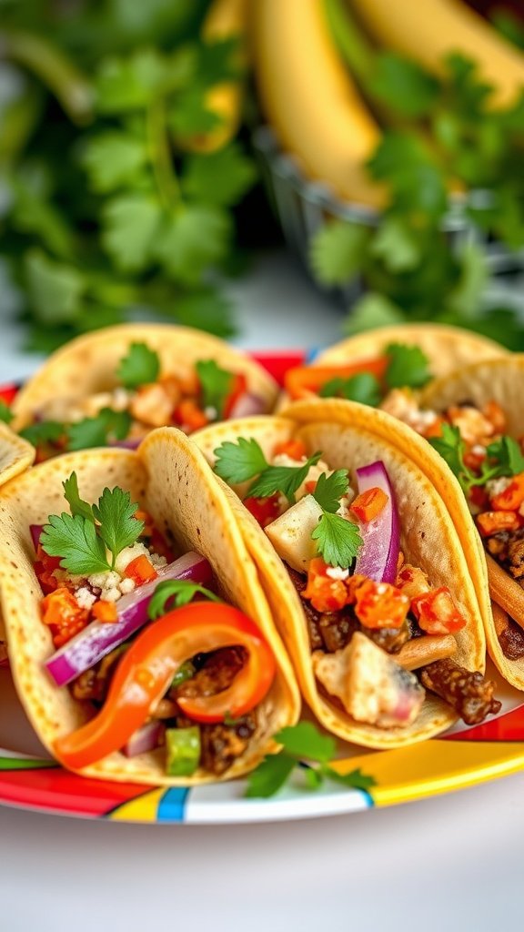 Mini tacos filled with gourmet ingredients including chicken, black beans, and colorful vegetables.