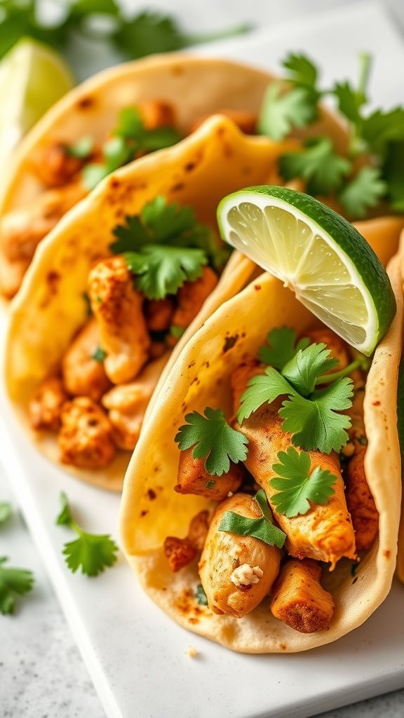 Mini tacos with spiced chicken garnished with cilantro and lime