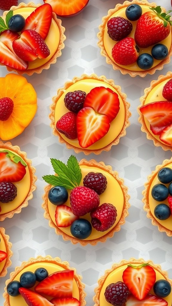 Mini tarts with mixed fruit toppings arranged beautifully.