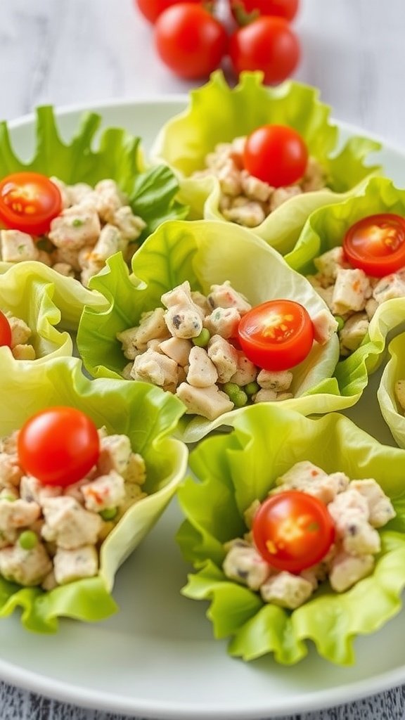 Mini Tuna Salad Cups with cherry tomatoes on a plate