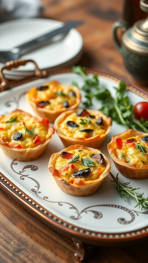 A platter of mini vegetable quiches with cheese, garnished with fresh herbs.