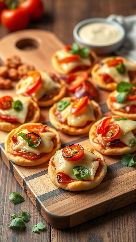 Mini Veggie Pizza Bites on a serving board with fresh toppings.