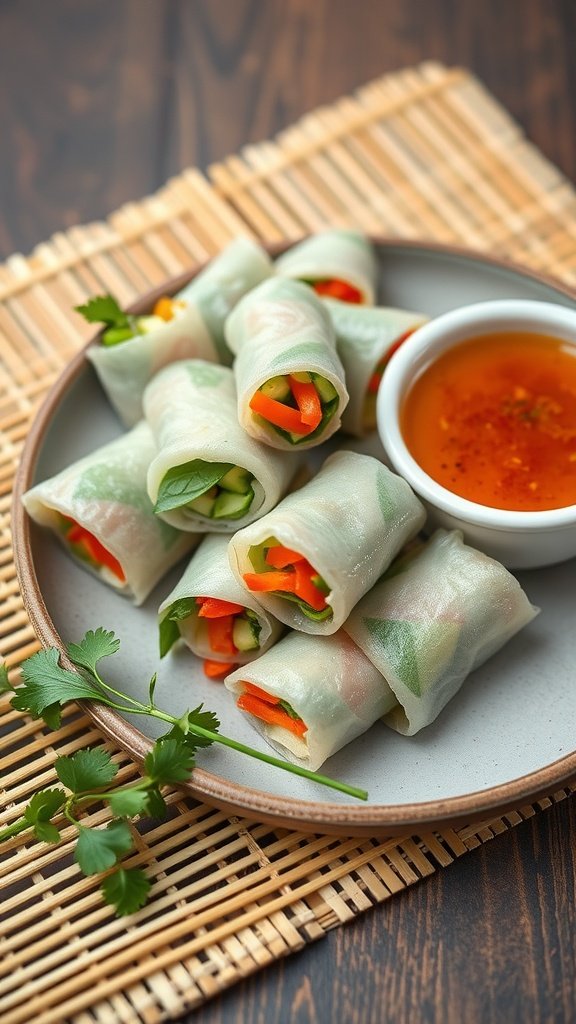 Plate of mini veggie spring rolls with dipping sauce