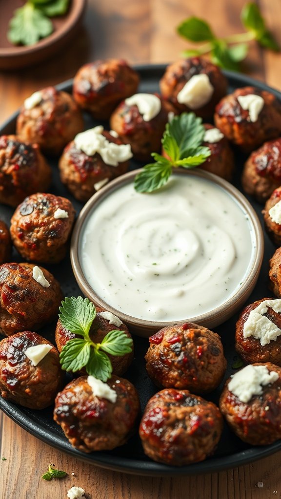Moroccan spiced meatballs with mint yogurt dip, arranged on a platter.