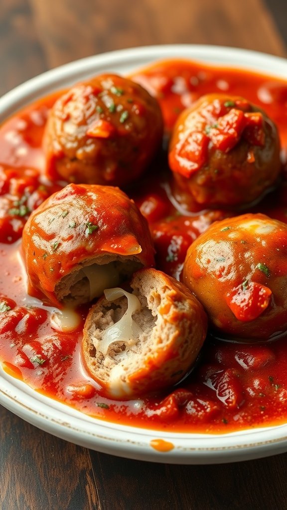 A plate of mozzarella-stuffed meatballs in tomato sauce, with one meatball cut in half revealing melted cheese inside.