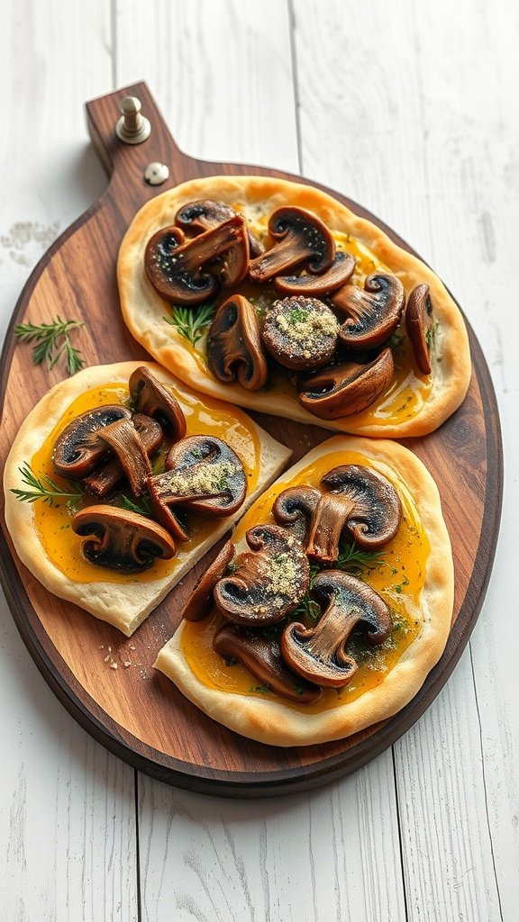 Mushroom and truffle oil flatbreads on a wooden serving board