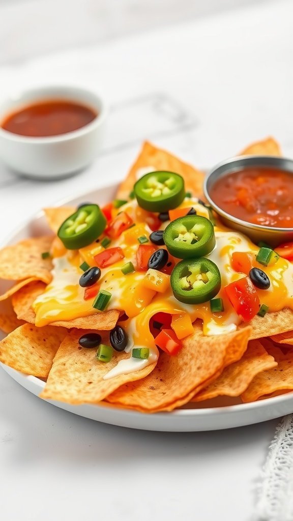 A plate of nachos topped with melted cheese, jalapeños, tomatoes, olives, and green onions, served with salsa.