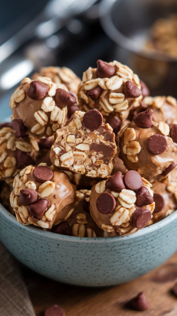 A bowl of no-bake energy bites with oats and chocolate chips.