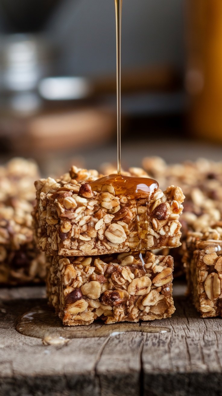 Nutty granola bars stacked with honey drizzling on top.