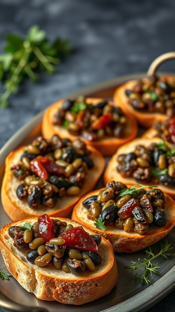 Olive tapenade spread on toasted baguette slices garnished with herbs.