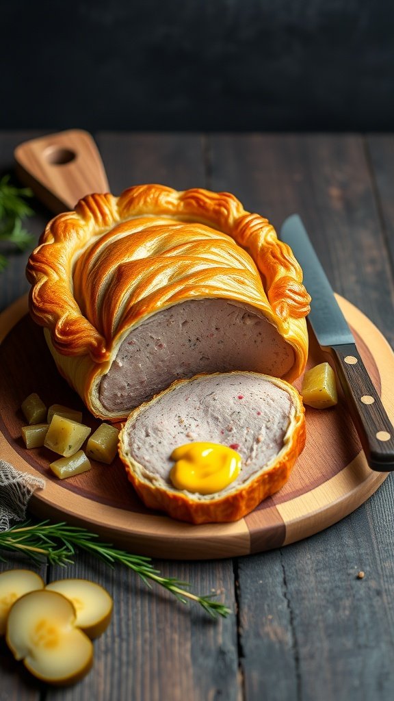 A beautifully presented Pâté en Croûte with slices revealing a rich filling.