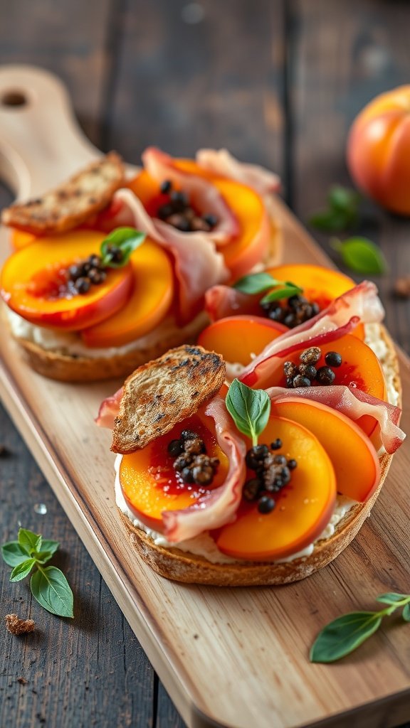 Peach and Prosciutto Bruschetta on a wooden board