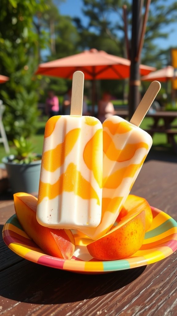 Peach and Yogurt Popsicles on a colorful plate with fresh peach slices