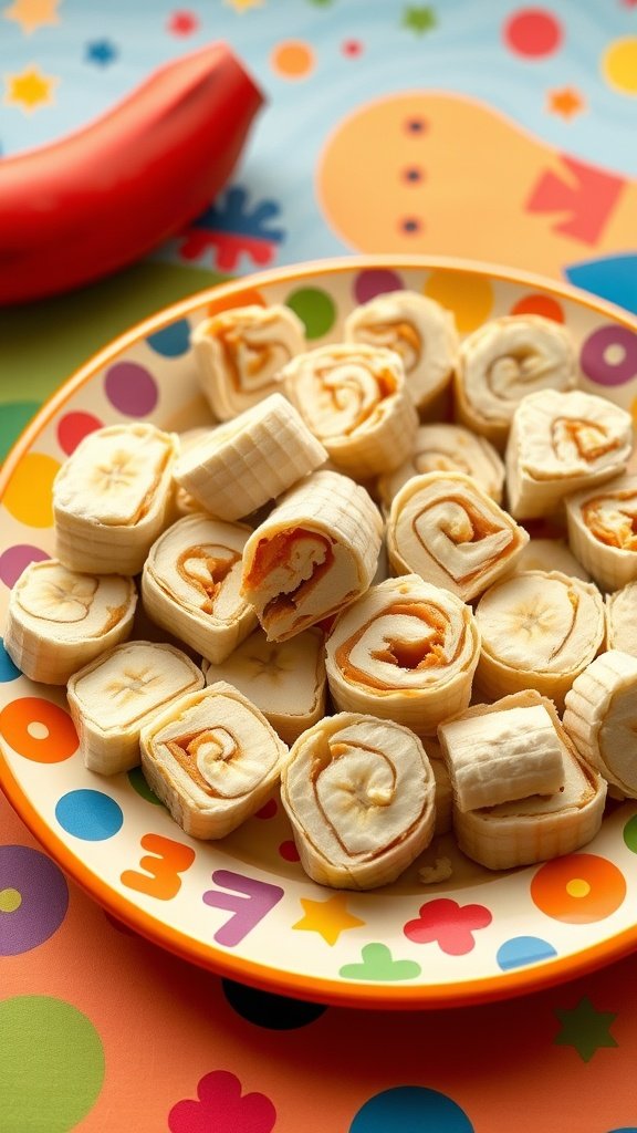 Plate of peanut butter banana roll-ups cut into small rounds, perfect for kids.