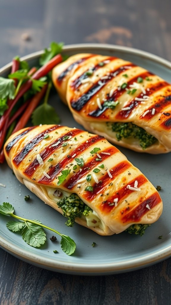 Grilled pesto and cheese stuffed chicken breasts on a plate with herbs