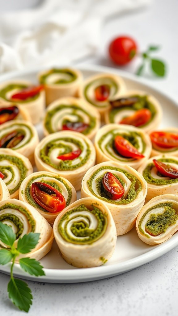 Pesto pinwheels with sun-dried tomatoes arranged on a plate.