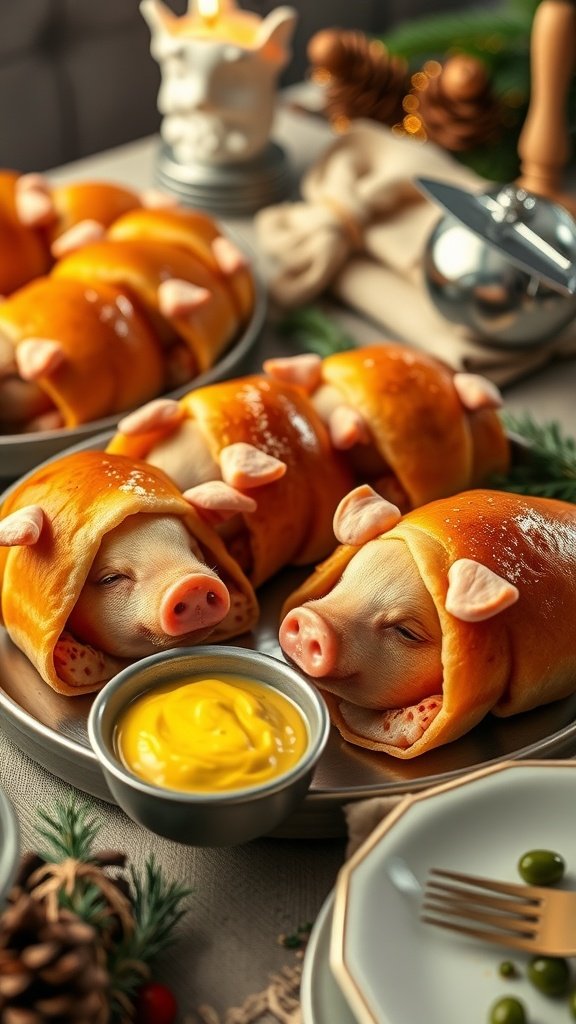 A plate of pigs in a blanket with a side of dipping sauce.
