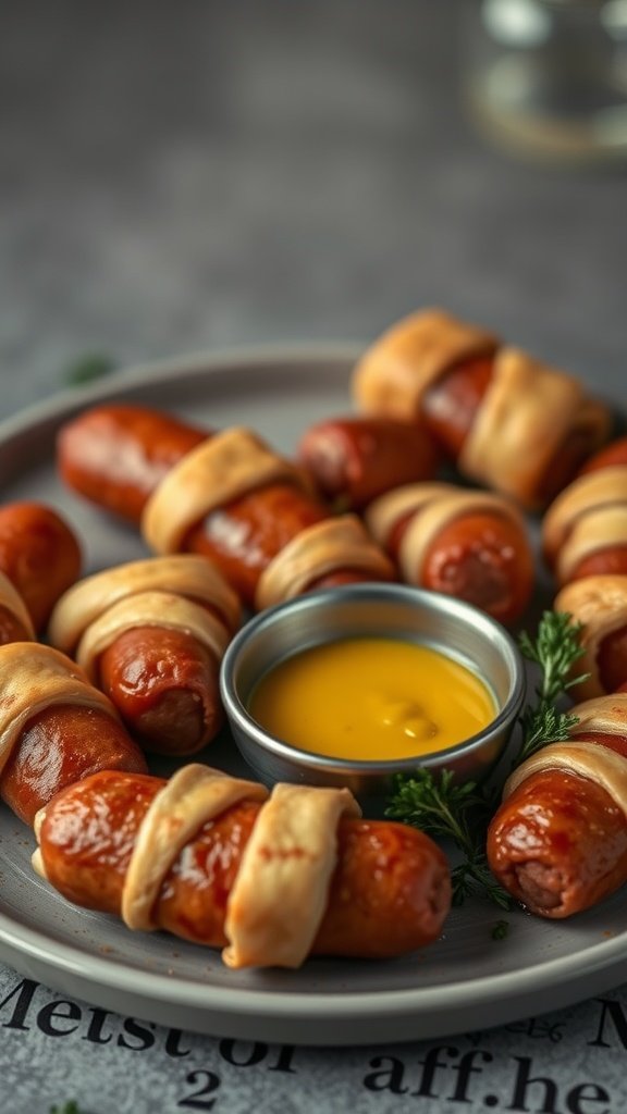 A plate of pigs in a blanket served with mustard dip.