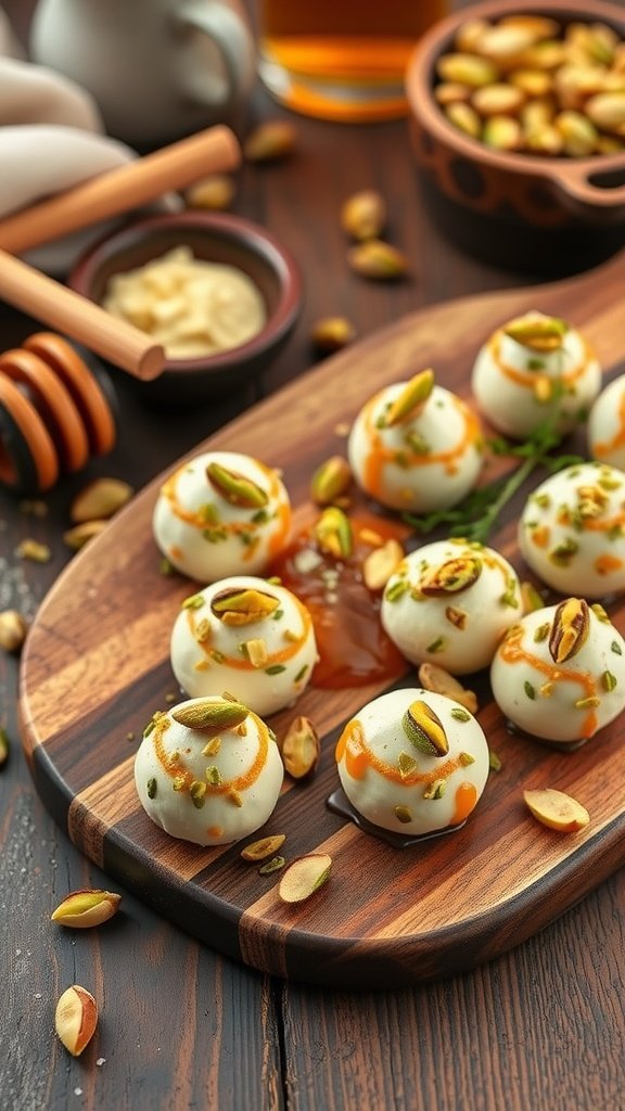 Delicious pistachio-crusted goat cheese balls served on a wooden platter with toppings.