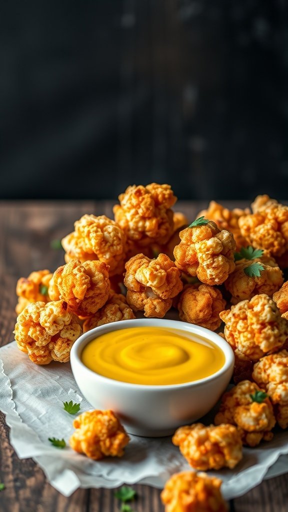 A bowl of popcorn chicken bites with honey mustard sauce on a wooden table.