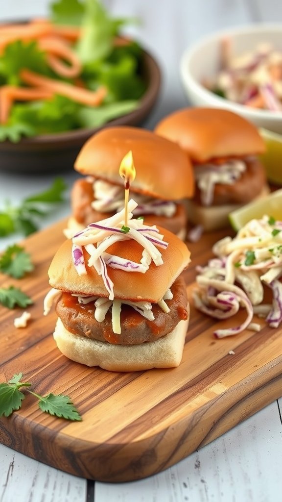 Pork tenderloin sliders with slaw on a wooden board