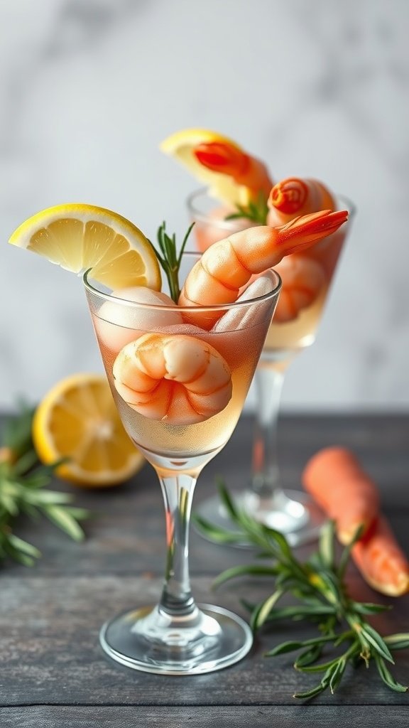 Prawn cocktail shots served in glasses with lemon and herbs