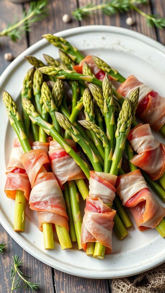 Plate of prosciutto-wrapped asparagus bundles ready to serve