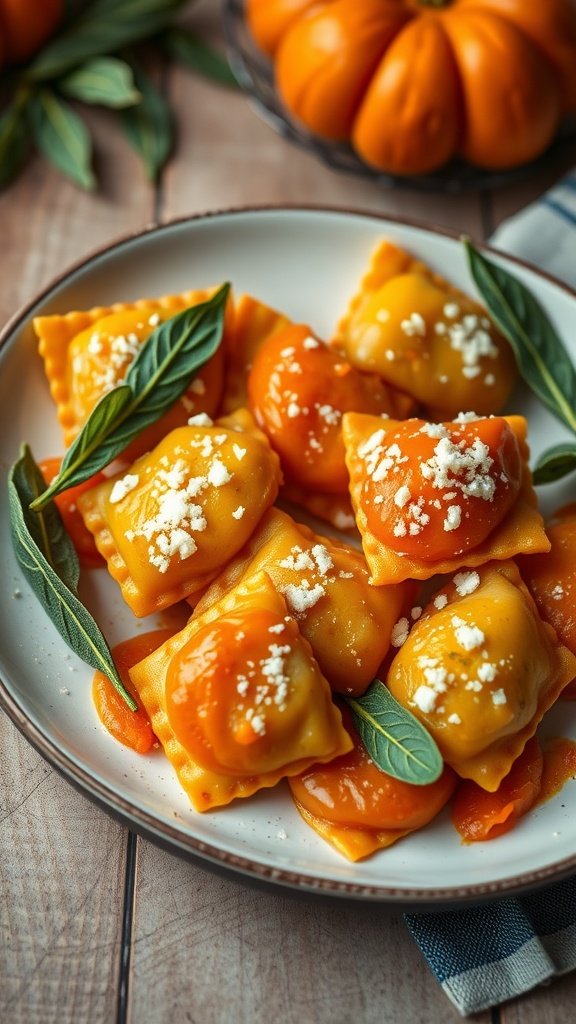 Pumpkin and sage ravioli bites served on a plate with garnish.