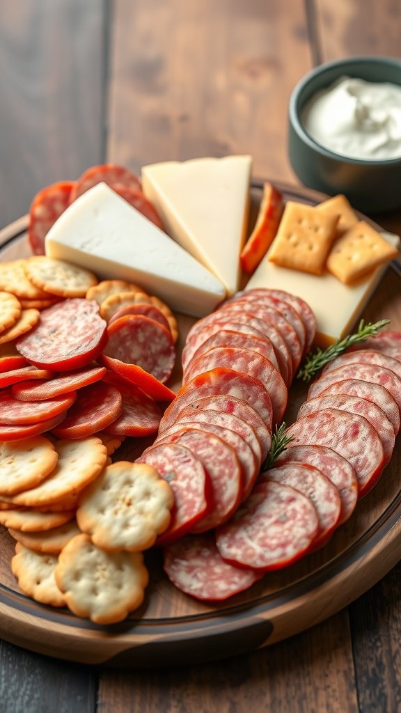 A beautifully arranged sausage and cheese platter with crackers and dip.