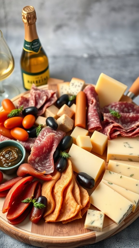A beautifully arranged cheese and charcuterie board featuring assorted cheeses, cured meats, olives, cherry tomatoes, and nuts.