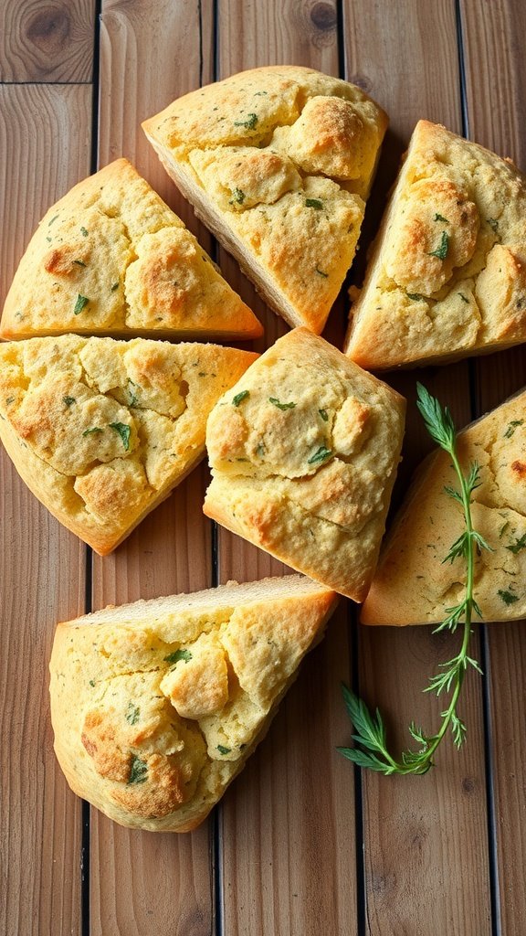 Savory cheese and herb scones arranged on a wooden surface