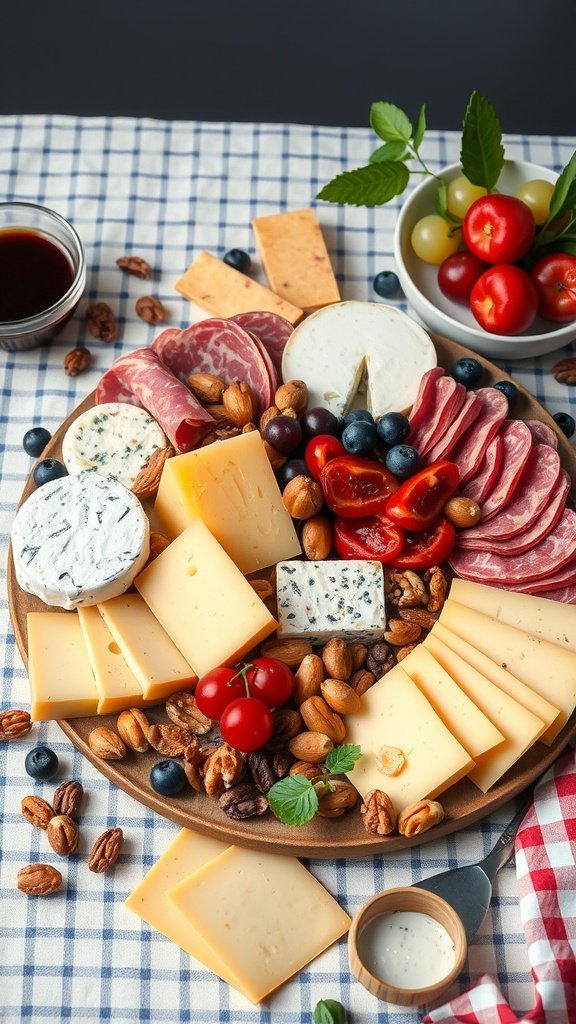 Savory cheese and meat platter with assorted cheeses, meats, nuts, and fruits