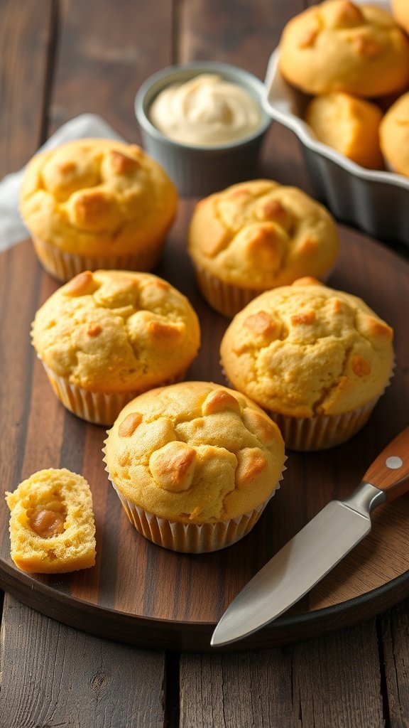 Freshly baked savory corn muffins on a wooden serving board.