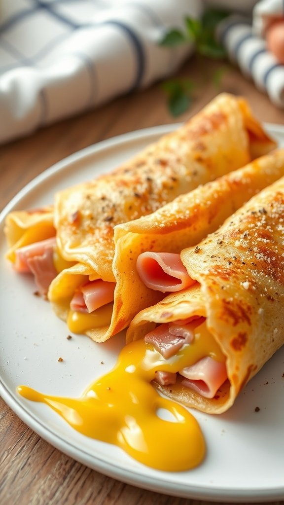 Savory crepes filled with ham and melted cheese, served on a plate.