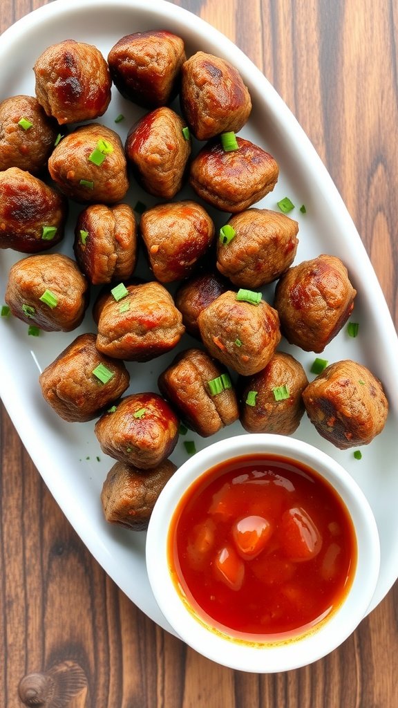 Savory meatballs served with dipping sauce.