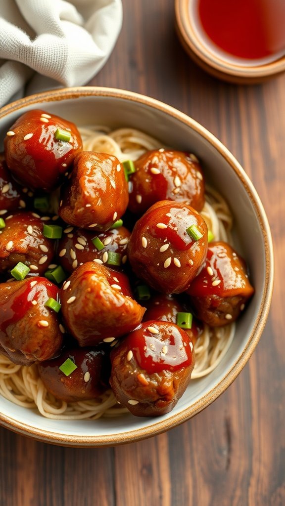 Savory meatballs coated in sweet chili sauce served in a bowl