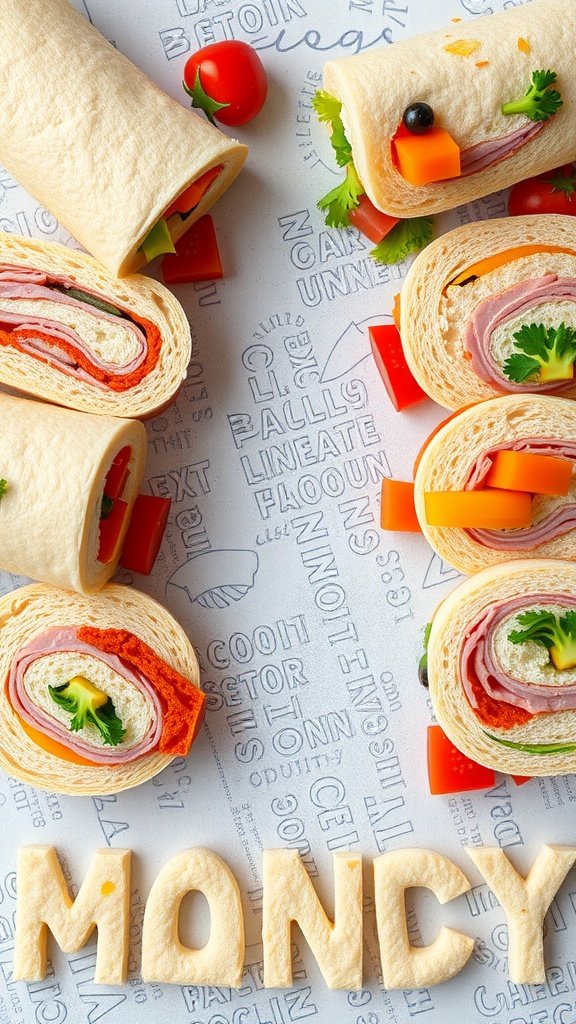 Savory pinwheel sandwiches with various colorful fillings