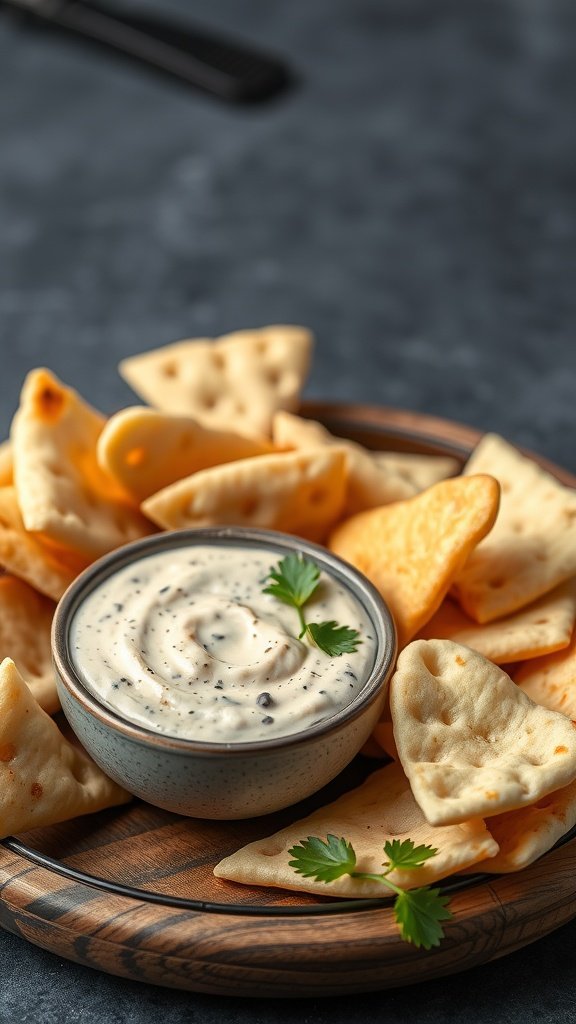 Savory pita chips served with dip on a wooden plate.