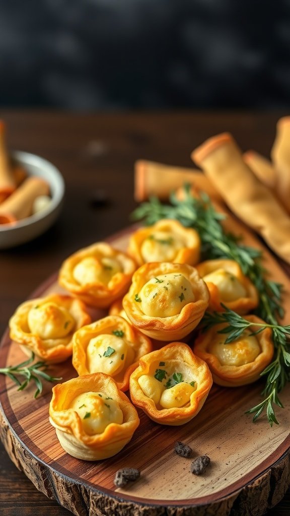 Savory puff pastry bites arranged on a wooden platter with herbs.