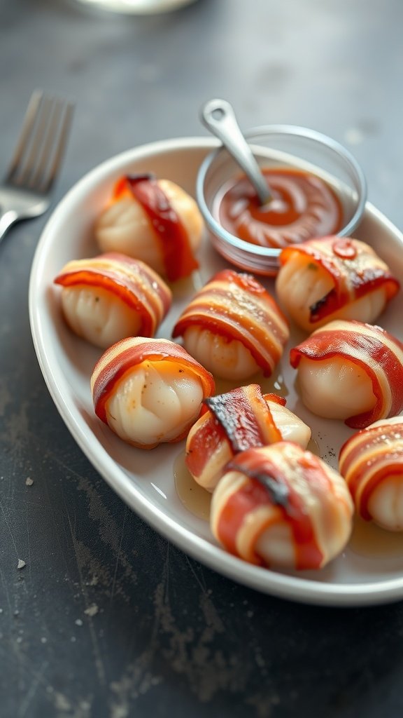 Bacon-wrapped scallops served on a plate with dipping sauce.