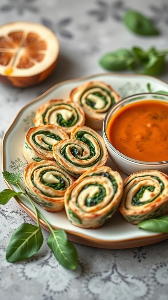 Savory Spinach and Cheese Pinwheels on a plate with a dipping sauce.