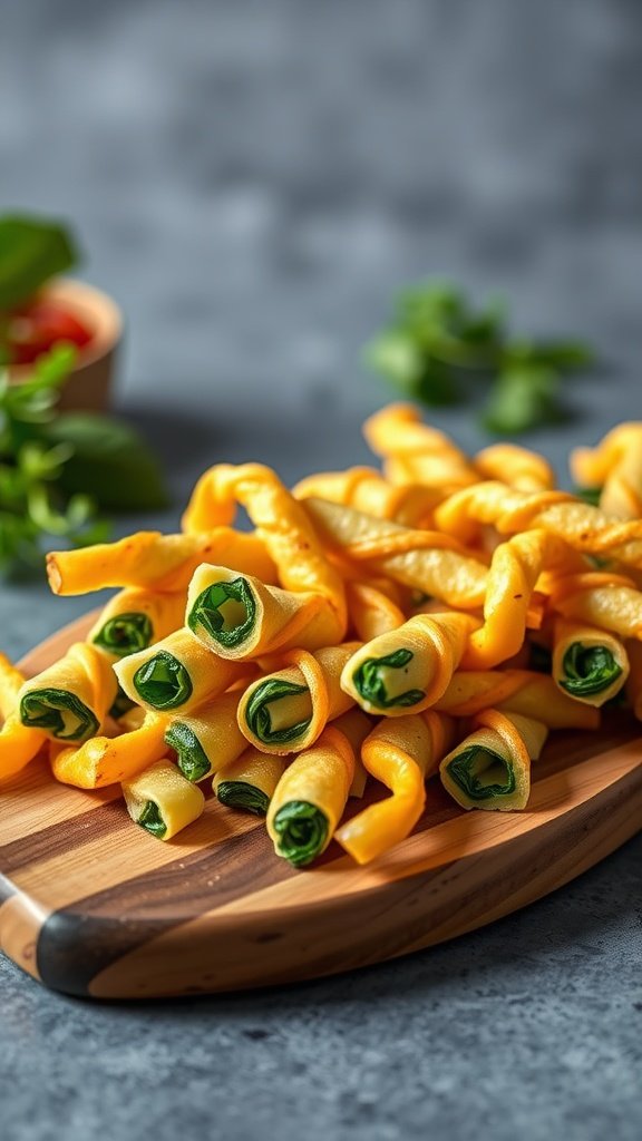 Savory Spinach and Cheese Straws on a wooden board
