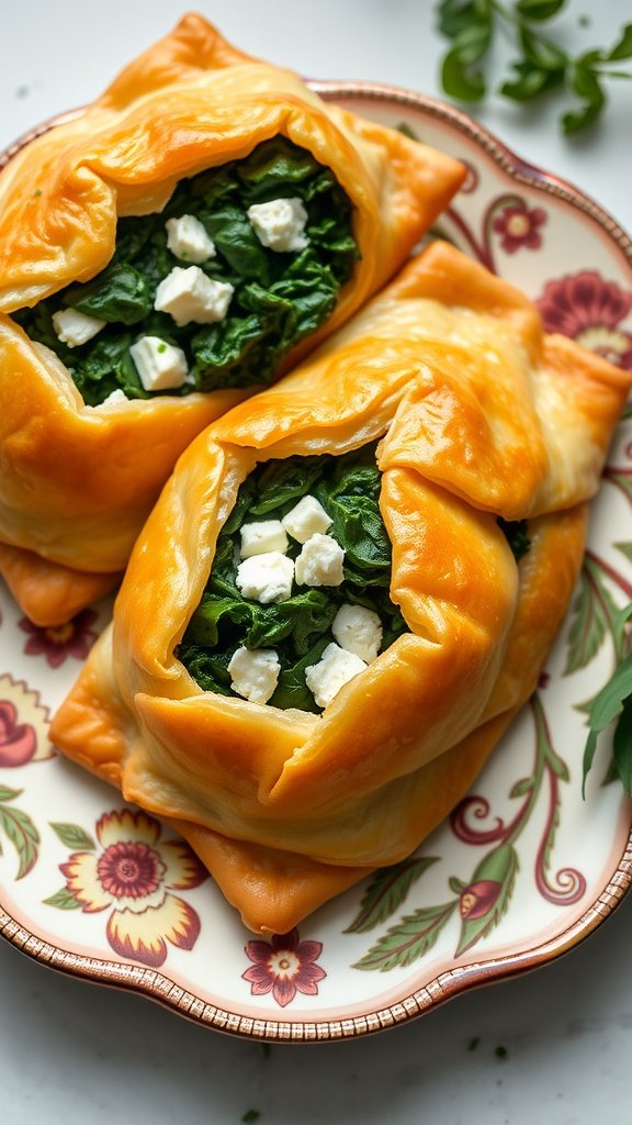 Savory spinach and feta puff pastry bites on a decorative plate