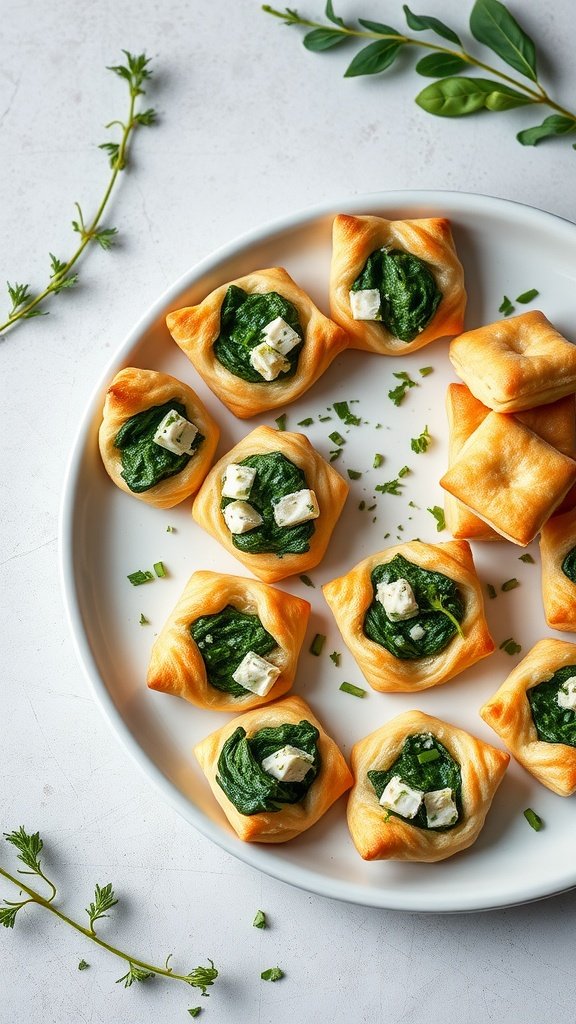 Savory spinach and feta puff pastry bites arranged on a plate, garnished with herbs.