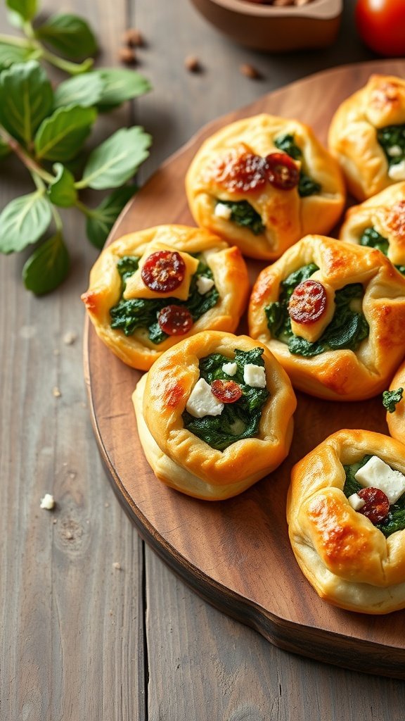 Savory spinach and feta puffs on a wooden platter.