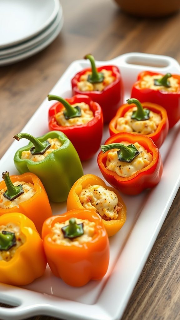 A platter of colorful stuffed mini peppers filled with a savory mixture.