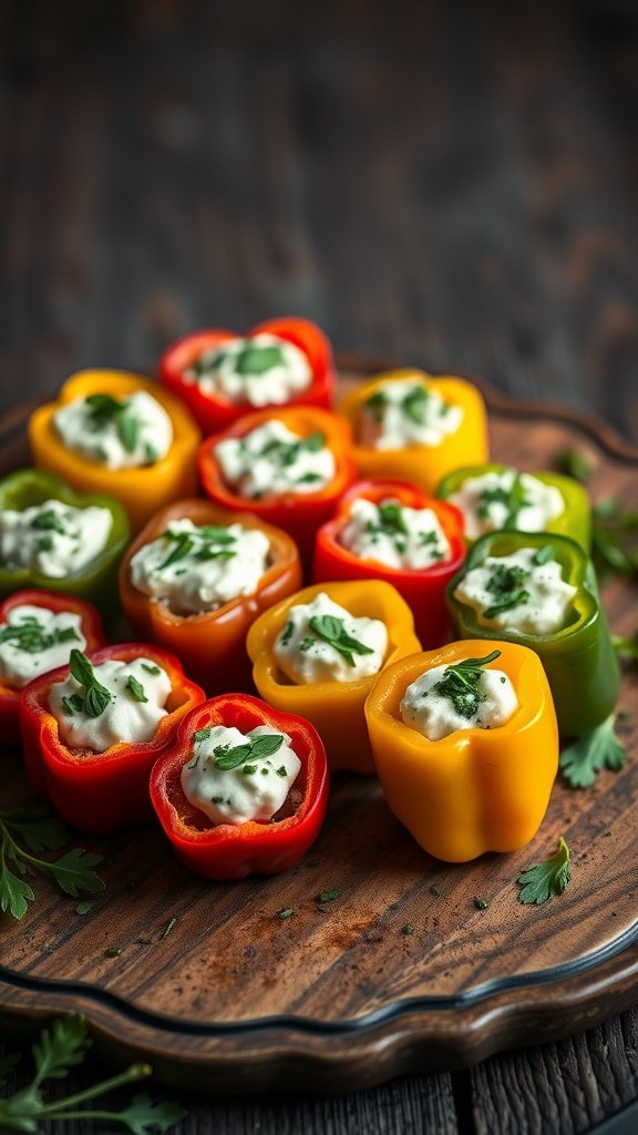 Savory stuffed mini peppers on a wooden platter, filled with a creamy cheese mixture and garnished with herbs.