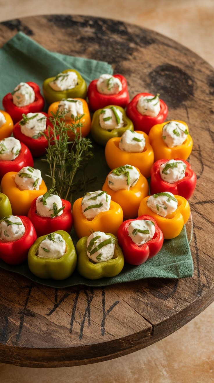 Colorful stuffed mini peppers arranged on a wooden serving board