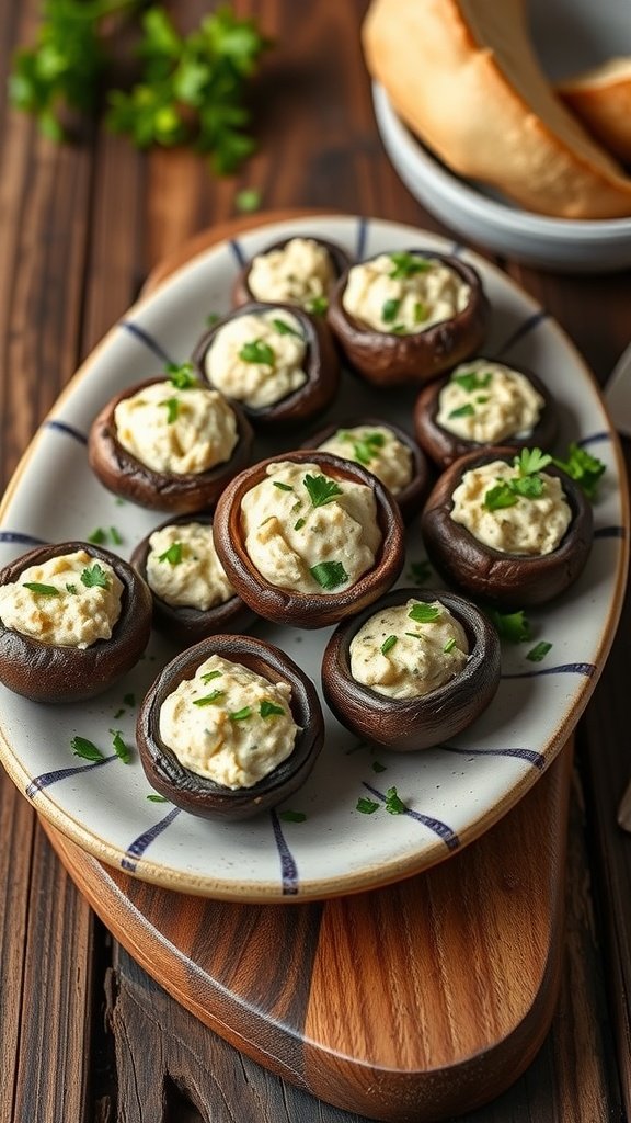 Savory stuffed mushrooms filled with garlic cream cheese, garnished with parsley on a wooden serving platter.