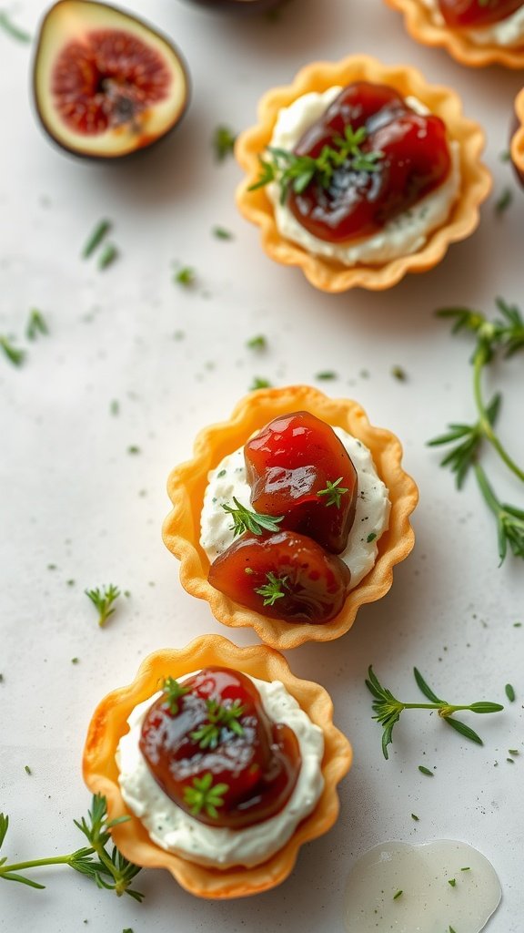 Savory tartlets filled with goat cheese and topped with figs and herbs.